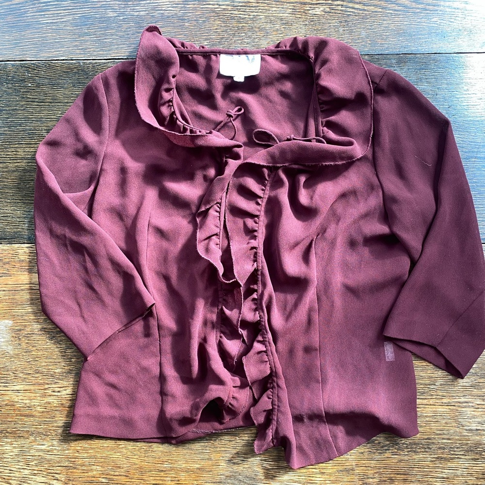 Women's Burgundy Ruffle-Trim Blouse